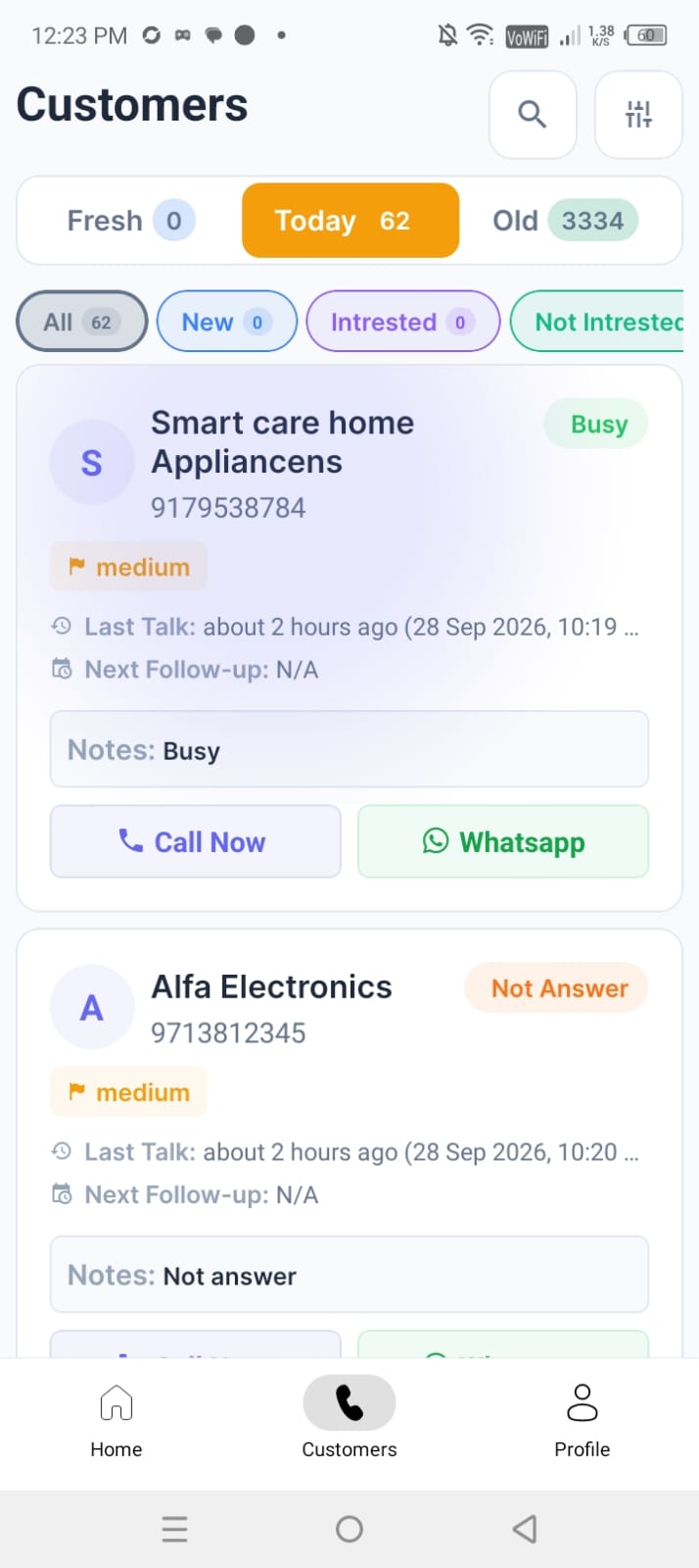 Call Management App - Customers Screen