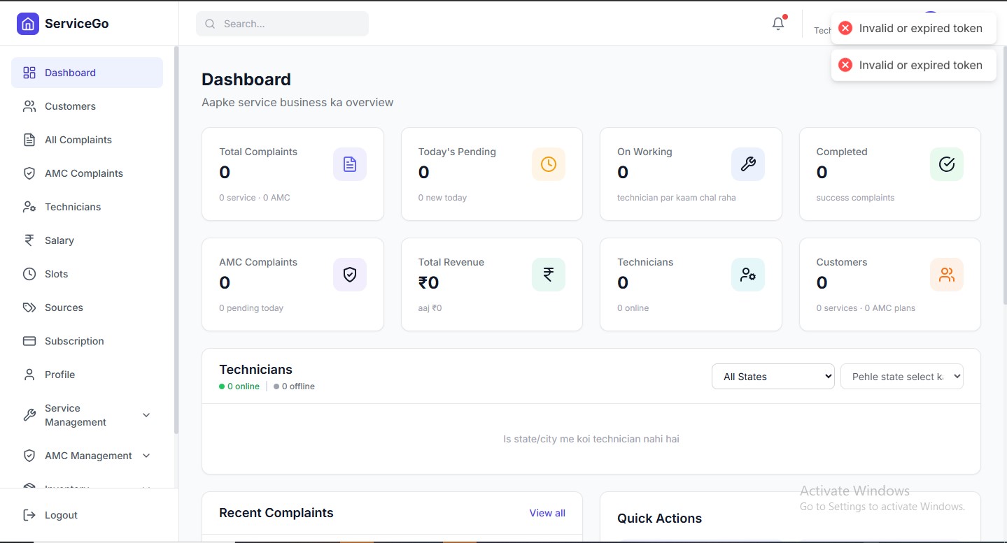ServiceGo Business CRM Dashboard